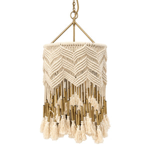 Bohemian Cream Macramé & Brass-Tone Tassel Hanging Chandelier