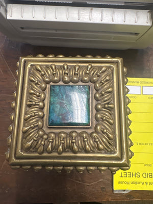 Ornate Gold-Tone Jewelry Box with Turquoise-Green Panels & Velvet Lining