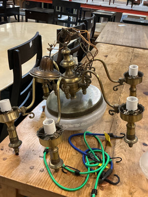 Victorian-Era Style  Ornate Brass Fittings Chandelier With Frosted Glass Shades