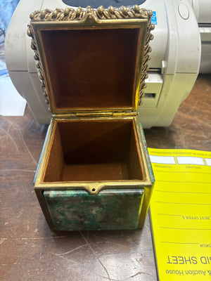 Manuel Signed Ornate Gold-Tone Jewelry and Keepsake Box with Turquoise-Green Panels