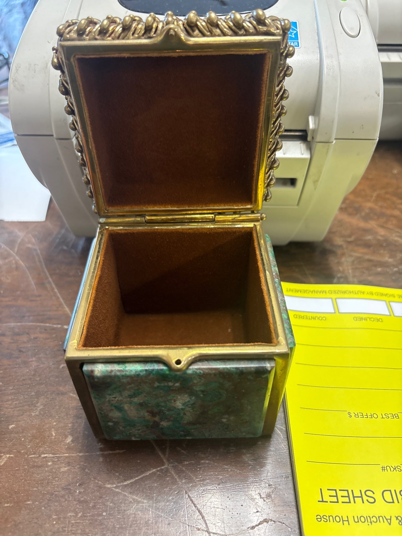 Manuel Signed Ornate Gold-Tone Jewelry and Keepsake Box with Turquoise-Green Panels
