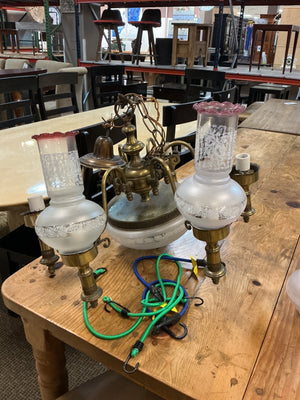 Victorian-Era Style  Ornate Brass Fittings Chandelier With Frosted Glass Shades