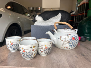 Japanese Tea Set, Teapot and Tea Cups, Teapot 8 inches across, Teapot 4 1/2 inches tall without handle, Tea cups 2 3/4 inches high, Tea cups 2 3/4 inches across