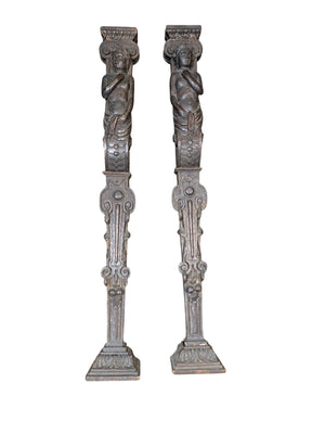 French Carved Oak Pilasters 17th-19th Century Mirrored PAIR (32.5" Height)