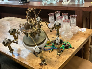 Victorian-Era Style  Ornate Brass Fittings Chandelier With Frosted Glass Shades