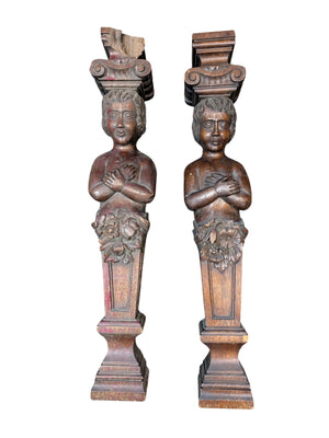 French Carved Oak Pilasters 18th-19th Century Caryatid PAIR 29" (One is broken at the top)