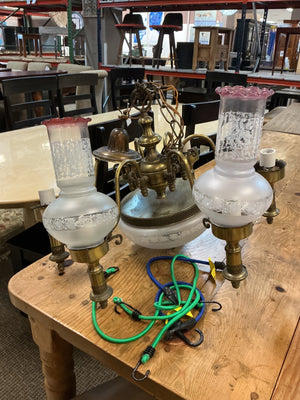 Victorian-Era Style  Ornate Brass Fittings Chandelier With Frosted Glass Shades