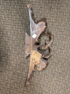 French Carved Walnut Wood Pediment 18th Century (Louis XVI Crest featuring a central ribbon bow, a quiver of arrows or torch, floral rosettes) 27" x 9" (Middle is broken off)