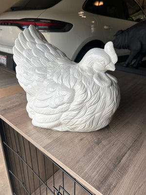 Ceramic Sitting Hen, White, 14 1/2 inches long x 11 inches high x 8 1/2 inches across