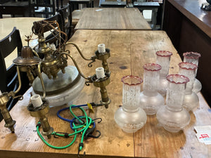 Victorian-Era Style  Ornate Brass Fittings Chandelier With Frosted Glass Shades