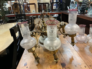 Victorian-Era Style  Ornate Brass Fittings Chandelier With Frosted Glass Shades