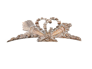 French Carved Walnut Wood Pediment 18th Century (Louis XVI Crest featuring a central ribbon bow, a quiver of arrows or torch, floral rosettes) 27" x 9" (Middle is broken off)