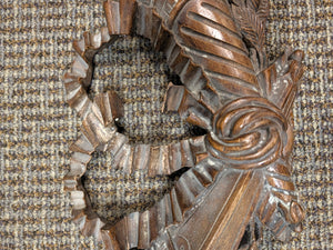French Carved Walnut Wood Pediment 18th Century (Louis XVI Crest featuring a central ribbon bow, a quiver of arrows or torch, floral rosettes) 27" x 9" (Middle is broken off)