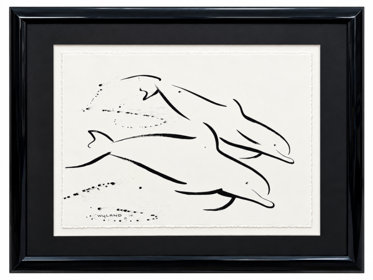 Robert Wyland "Two Dolphins" Sumi Ink Painting On Arches Paper In Black Lacquer Frame 43" x 37" (No COA)