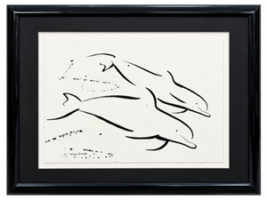Robert Wyland "Two Dolphins" Sumi Ink Painting On Arches Paper In Black Lacquer Frame 43" x 37" (No COA)