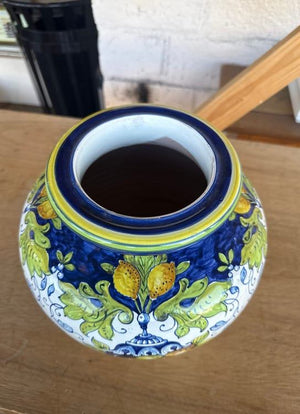 Italian Hand-Painted Pottery Vase with Lemon and Fruit Motif