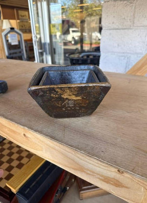 Set of 2 Antique-Style Asian Wooden Grain Measuring Bowls with Calligraphy & Metal Reinforcements