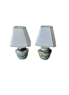 Pair of Italian Majolica Pottery Boudoir Lamps with Floral Motifs and Off-White Fabric Shades