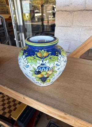 Italian Hand-Painted Pottery Vase with Lemon and Fruit Motif