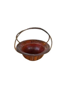 Asian Wooden Basket with Double Handle and Floral Motif