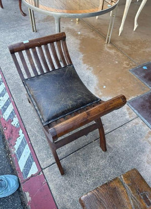 Curule Style Wood Bench with Padded Leather Seat