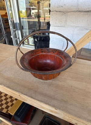Asian Wooden Basket with Double Handle and Floral Motif
