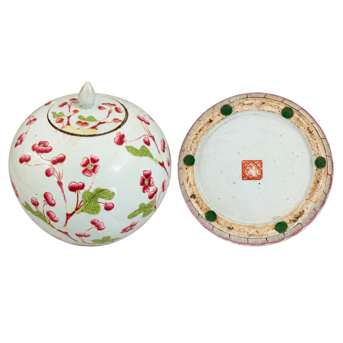 Chinese Porcelain Covered Jar with Pink Floral Decoration 