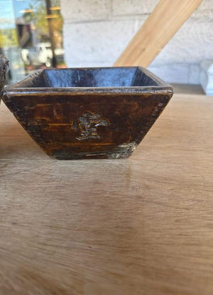 Set of 2 Antique-Style Asian Wooden Grain Measuring Bowls with Calligraphy & Metal Reinforcements