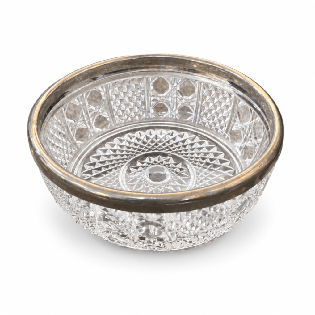 Diamond-Pattern Glass Serving Bowl with Silver-Tone Rim