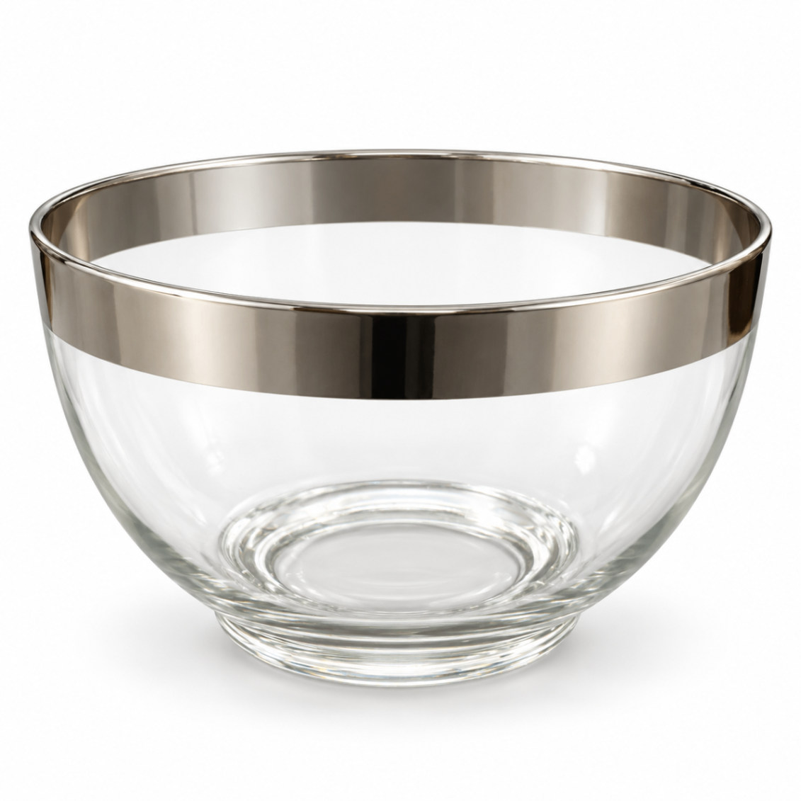 Clear Glass Serving Bowl with Wide Silver-Tone Band