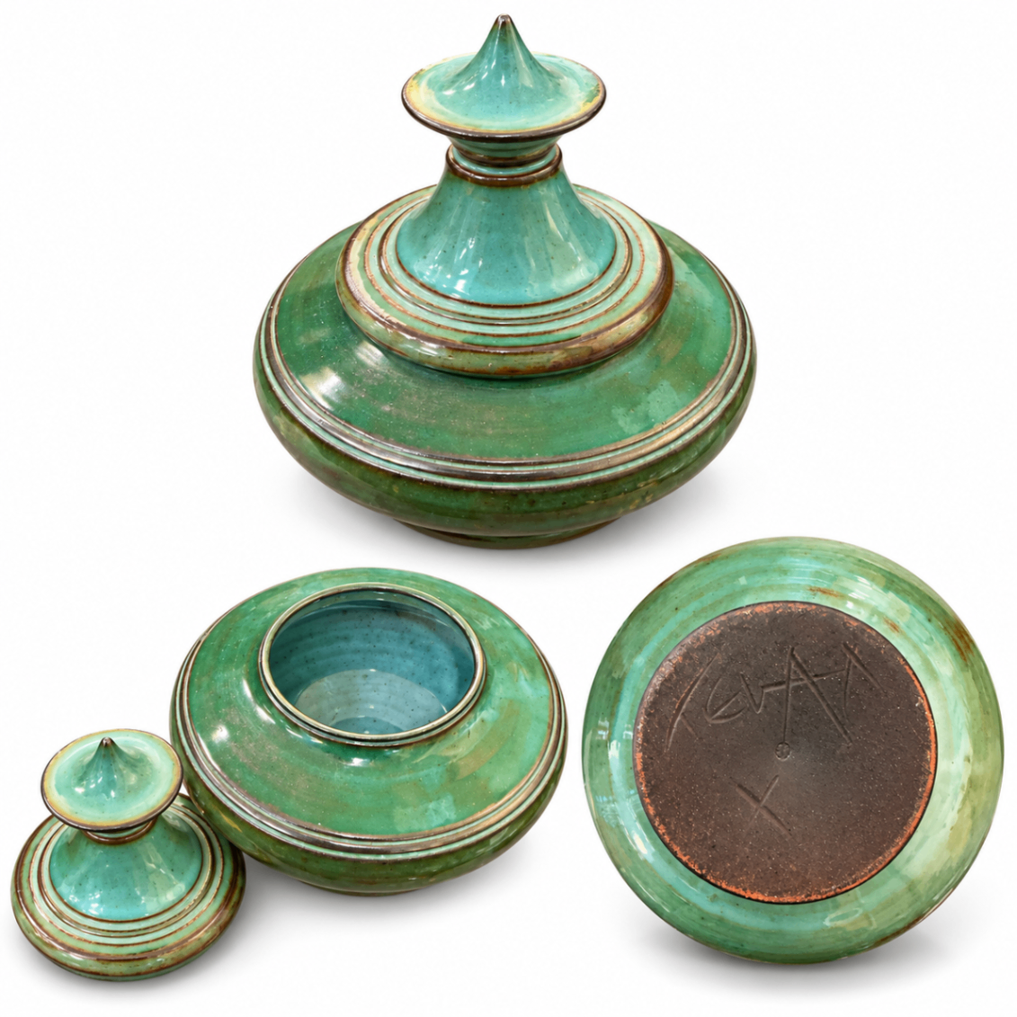 Signed Studio Pottery Covered Jar with Green Glaze and Tiered Finial Lid 