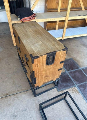 Japanese-Style Wood Tansu Chest with Dark Metal Hardware on Black Metal Stand 38 in wide x 16 in deep x 31 in tall