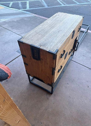 Japanese-Style Wood Tansu Chest with Dark Metal Hardware on Black Metal Stand 38 in wide x 16 in deep x 31 in tall