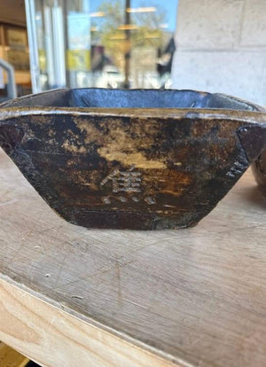 Set of 2 Antique-Style Asian Wooden Grain Measuring Bowls with Calligraphy & Metal Reinforcements