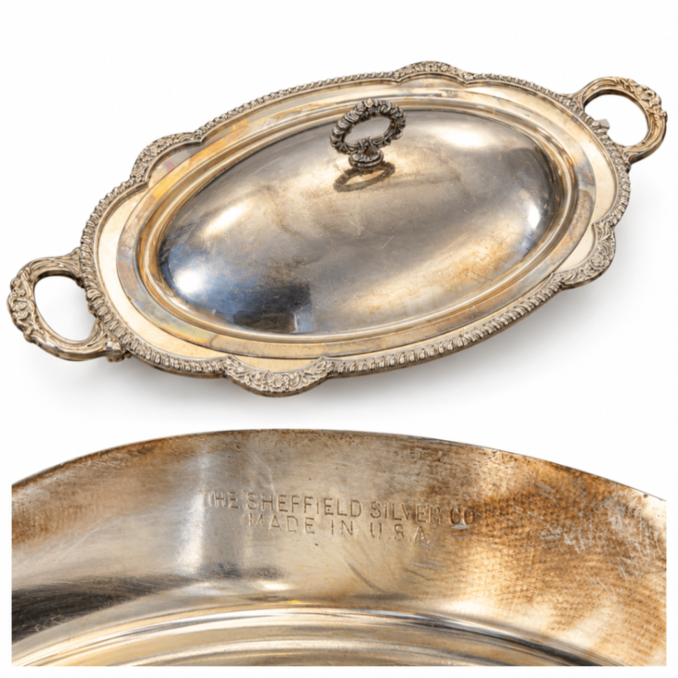 Sheffield Silver Co. Silverplate Oval Covered Serving Dish with Ornate Handles