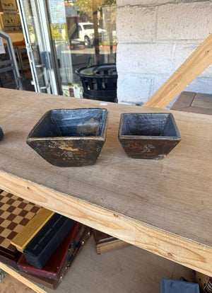 Set of 2 Antique-Style Asian Wooden Grain Measuring Bowls with Calligraphy & Metal Reinforcements