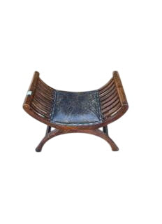 Curule Style Wood Bench with Padded Leather Seat