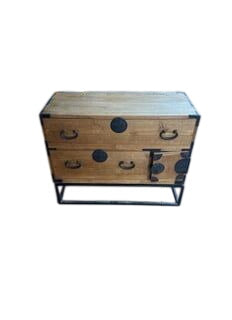 Japanese-Style Wood Tansu Chest with Dark Metal Hardware on Black Metal Stand 38 in wide x 16 in deep x 31 in tall