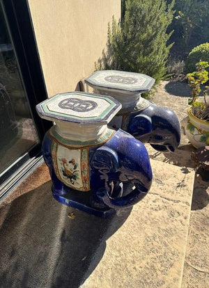 Pair of Cobalt Blue Ceramic Elephant Garden Seats