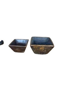 Set of 2 Antique-Style Asian Wooden Grain Measuring Bowls with Calligraphy & Metal Reinforcements