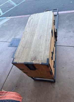 Japanese-Style Wood Tansu Chest with Dark Metal Hardware on Black Metal Stand 38 in wide x 16 in deep x 31 in tall