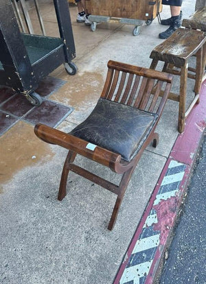 Curule Style Wood Bench with Padded Leather Seat
