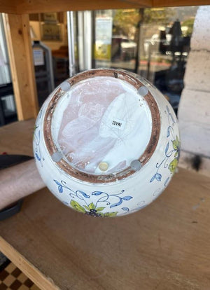 Italian Hand-Painted Pottery Vase with Lemon and Fruit Motif