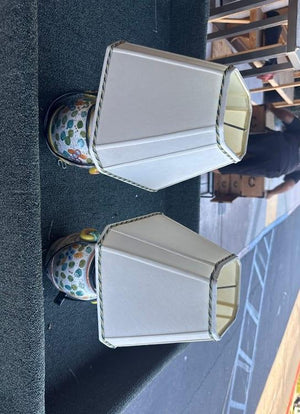 Pair of Italian Majolica Pottery Boudoir Lamps with Floral Motifs and Off-White Fabric Shades