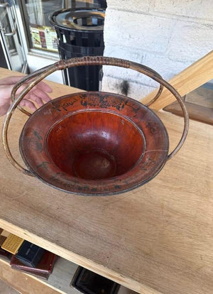Asian Wooden Basket with Double Handle and Floral Motif