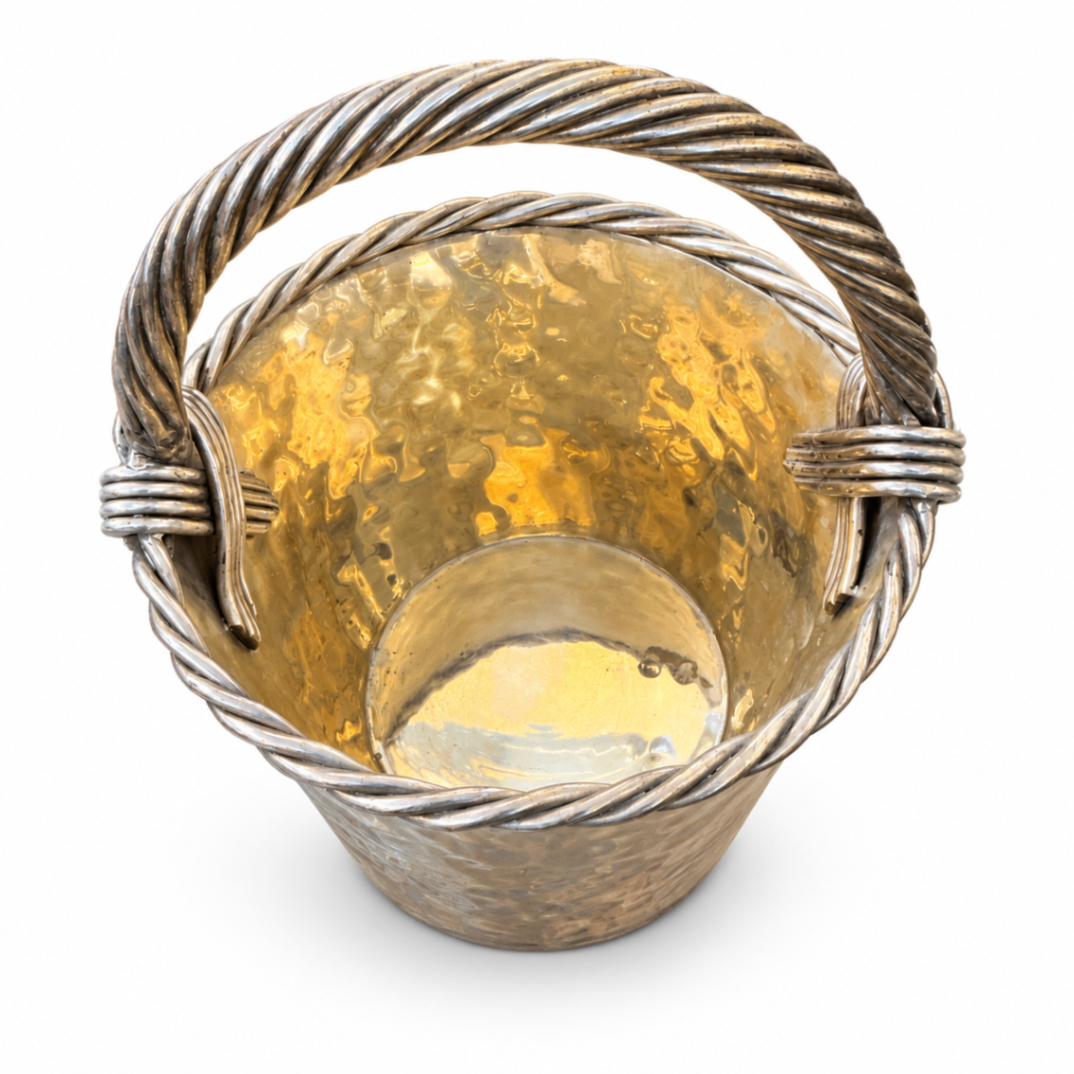 Hammered Two-Tone Metal Ice Bucket with Twisted Rope Handle 