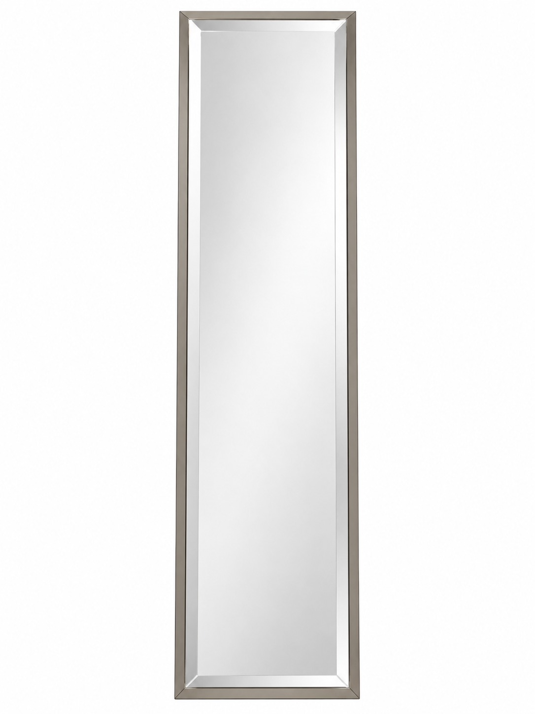 * Contemporary Silver-Framed Beveled Wall Mirror Height: Approximately 48” * Width: Approximately 11”