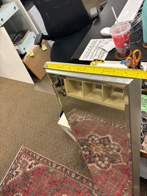 * Contemporary Silver-Framed Beveled Wall Mirror Height: Approximately 48” * Width: Approximately 11”