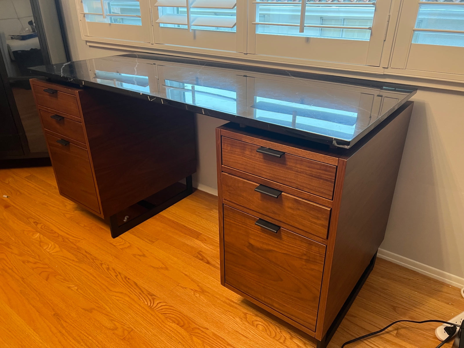 CB2 Fullerton 6-Drawer Walnut Wood Marble Top Desk 24x57x30