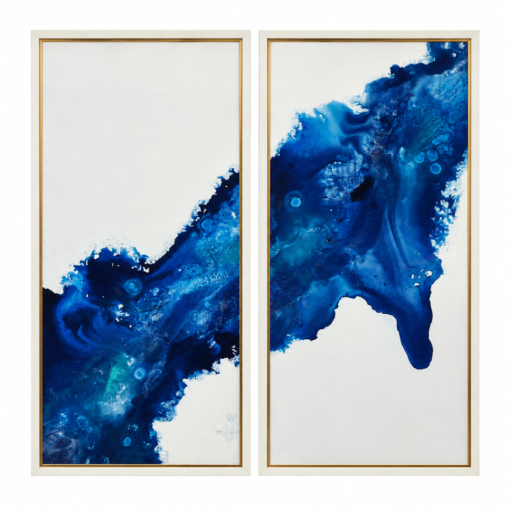 Coastal Blue & White Abstract Art in White & Gold-Tone Frames — Set of Two